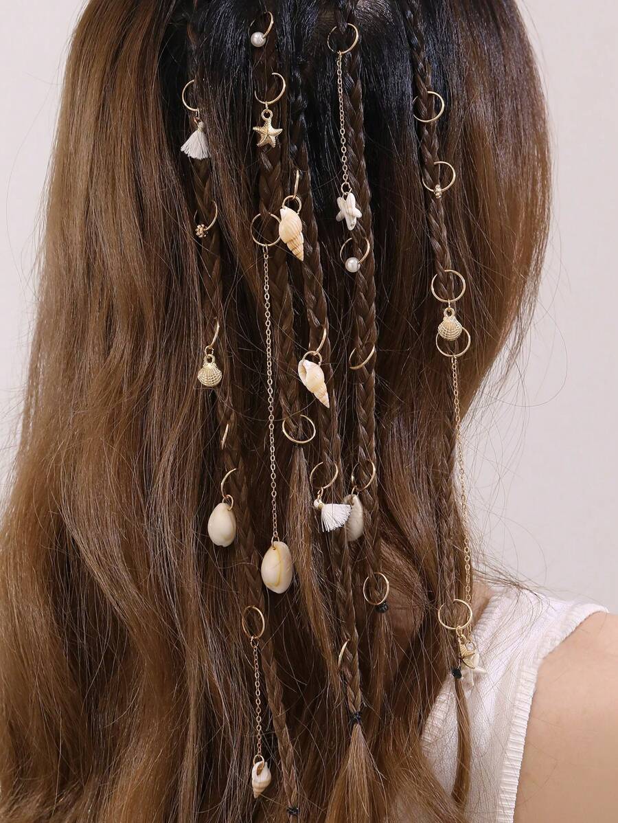 24件套女士简约优雅沙滩风发饰套装 - 海星、贝壳、珍珠、海洋系列发夹和发圈,适合日常、度假、派对、送给闺蜜的礼物、头部饰品、发夹、母亲节、夏季、假日、旅行、沙滩装、节日、生日等场合。 - 金色 - 查看 1