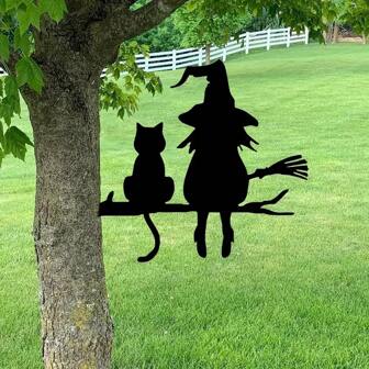1PC Metal Silhouette Cute Witch And Cat Garden Stake On The Branch Yard Art Decor, Tree Stump Plug-In, For Garden Lawn Courtyard