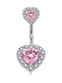 CIZME 1PC Belly Button Ring Dangle Navel Belly Piercing Jewelry Cute Pink CZ Heart Bow Flower Navel Belly Rings For Women 14G Silver Stainless Steel Dainty Dangly Dangling Belly Button Piercing - Pink - View 12