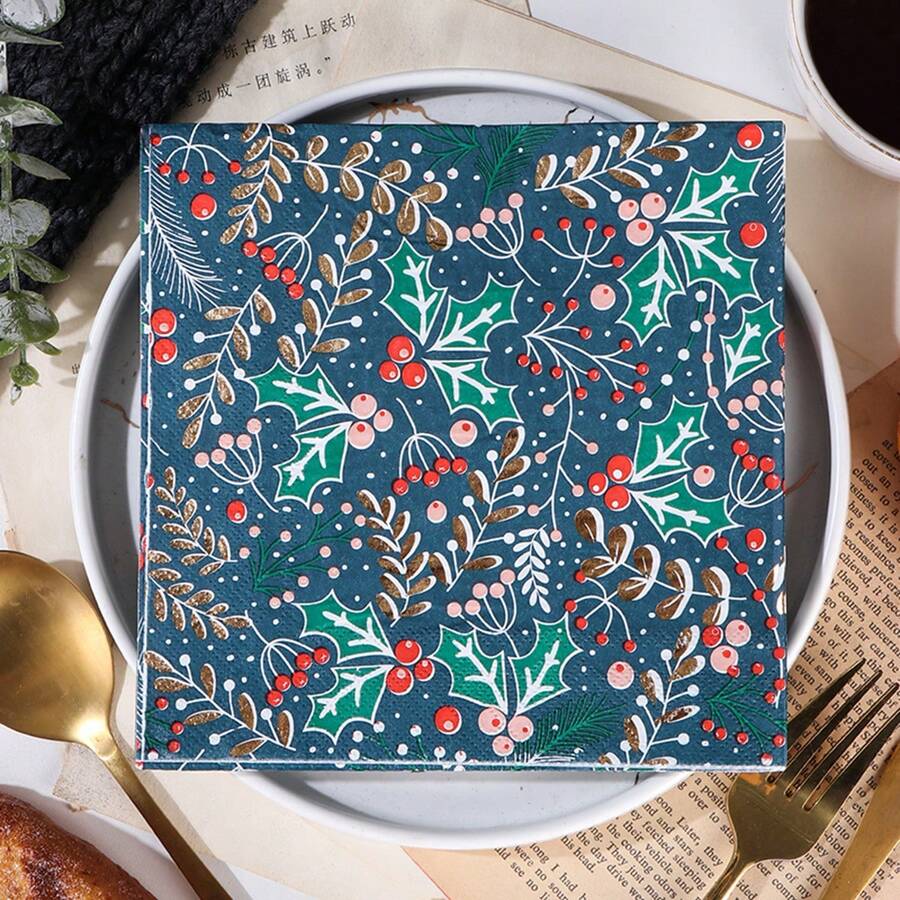 AFYPRTY 15 chiếc/túi khăn ăn Giáng sinh Khăn ăn dập vàng 6,5 inch Quả mọng Holly in trang trí lễ hội thích hợp cho trang trí Giáng sinh Nhà hàng Nhà bếp Quầy bar Vật dụng, Khuyến mãi Giáng sinh vui vẻ - Nhiều màu - Xem 1