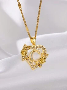 1 Pc Fashion Zirconia Flower Initial Heart Pendant Necklaces For Women Gold Color Stainless Steel Letter Chain Wedding Jewelry Gifts Valentines,Mom,Mother,Mother's Day,Gift