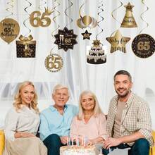 Happy 65th Birthday Party Hanging Swirls Streams Ceiling Decorations, Celebration 65 Foil Hanging Swirls With Cutouts For 65 Years Old Black And Gold Birthday Party Decorations Supplies - Gold - View 5
