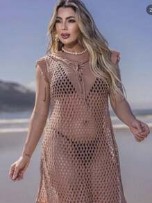 Beach Cover-Up Knitted Dress Plus Size 44 To 48 - trắng - Xem 3