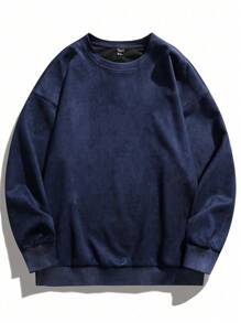 Men's Solid Crew Neck Loose Fit Long Sleeve Sweatshirt - Navy Blue - View 1