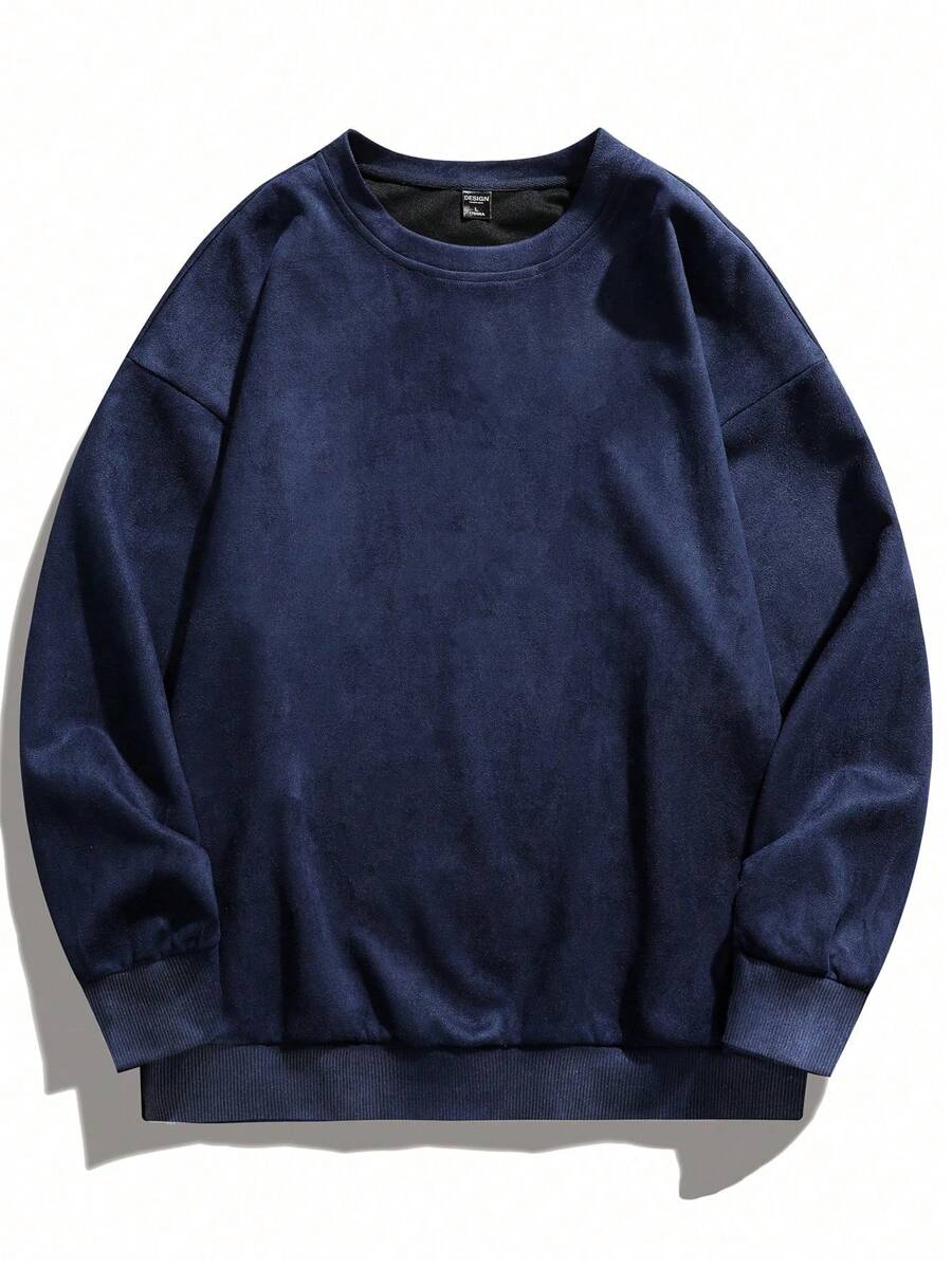 Men's Solid Crew Neck Loose Fit Long Sleeve Sweatshirt - Navy Blue - View 1