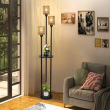 Dimmable Boho Floor Lamps For Living Room, 3-Lights Farmhouse Floor Lamp With 3-Way Foot Switch, Gold Floor Lamp With Shelves, Rustic Standing Lamp With Rattan Shades, Tall Lamps For Bedroom - 棕色 - 查看 7