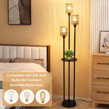 Dimmable Boho Floor Lamps For Living Room, 3-Lights Farmhouse Floor Lamp With 3-Way Foot Switch, Gold Floor Lamp With Shelves, Rustic Standing Lamp With Rattan Shades, Tall Lamps For Bedroom - 棕色 - 查看 4