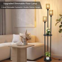 Dimmable Boho Floor Lamps For Living Room, 3-Lights Farmhouse Floor Lamp With 3-Way Foot Switch, Gold Floor Lamp With Shelves, Rustic Standing Lamp With Rattan Shades, Tall Lamps For Bedroom - 棕色 - 查看 2