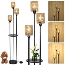 Dimmable Boho Floor Lamps For Living Room, 3-Lights Farmhouse Floor Lamp With 3-Way Foot Switch, Gold Floor Lamp With Shelves, Rustic Standing Lamp With Rattan Shades, Tall Lamps For Bedroom - 棕色 - 查看 1