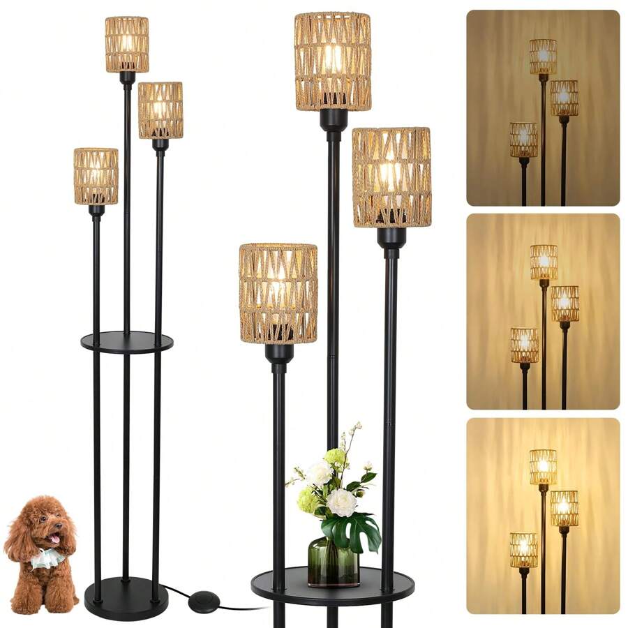 Dimmable Boho Floor Lamps For Living Room, 3-Lights Farmhouse Floor Lamp With 3-Way Foot Switch, Gold Floor Lamp With Shelves, Rustic Standing Lamp With Rattan Shades, Tall Lamps For Bedroom - 棕色 - 查看 1