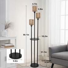 Dimmable Boho Floor Lamps For Living Room, 3-Lights Farmhouse Floor Lamp With 3-Way Foot Switch, Gold Floor Lamp With Shelves, Rustic Standing Lamp With Rattan Shades, Tall Lamps For Bedroom - 棕色 - 查看 6