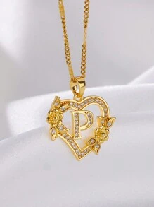 1 Pc Fashion Zirconia Flower Initial Heart Pendant Necklaces For Women Gold Color Stainless Steel Letter Chain Wedding Jewelry Gifts Valentines,Mom,Mother,Mother's Day,Gift