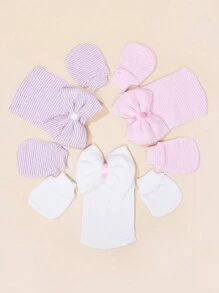 3 件套新生儿 0-3 个月针织蝴蝶结柔软保暖防护可爱休闲蝴蝶结帽子和手套套装适合日常使用 - 彩色 - 查看 3