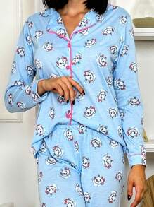 Women's American Cold Weather Pajamas Blogger Set Long Sleeve Shirt And Pants Premium Buttons Winter Front Opening - 淺藍色 - 查看 5