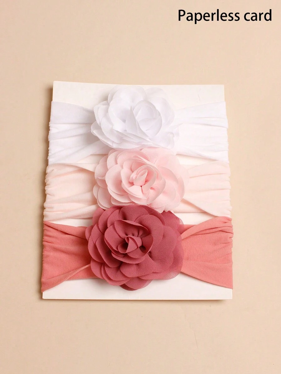 3pcs Rose Flower Pink Headband For Babies (Papercard Is For Decoration) Love Valentine