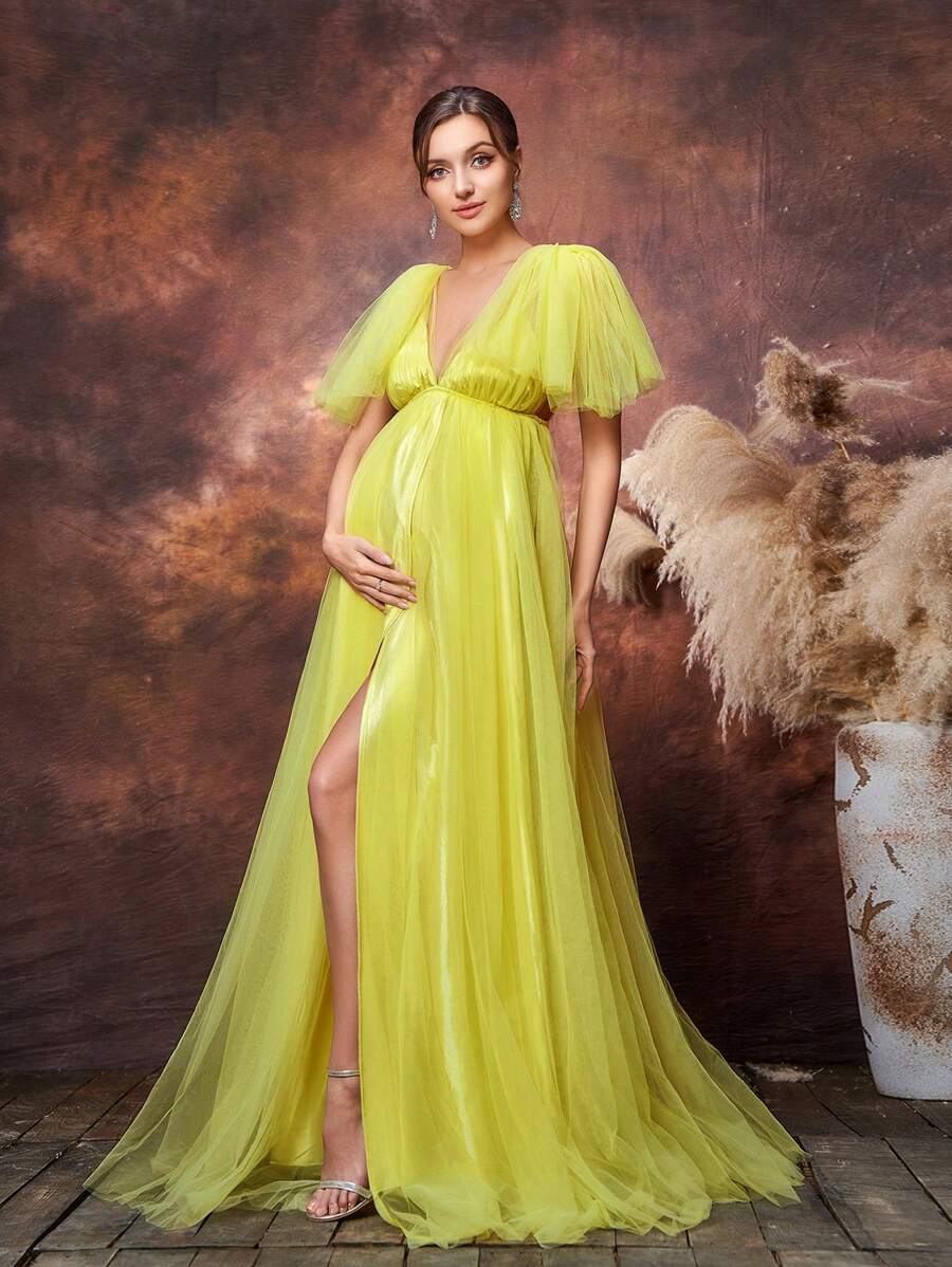 Faeriesty Dressalisa Maternity Plunging Neck Backless Tulle Prom Dress - Yellow - View 1