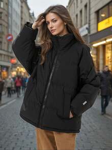 女士服装，流行欧美冬季单品，加厚抓绒保暖外套。女士防风宽松外套 - 黑色 - 查看 5