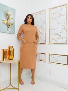 Midi Sweatshirt Dress With Front Pockets - Stylish And Modern | Fashion 2024 - 駝色 - 查看 9