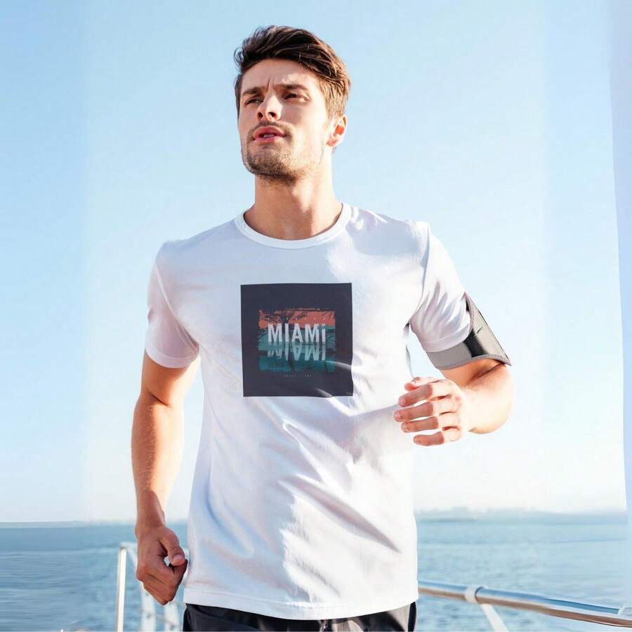 Men's T-Shirt Premium 100% Cotton Miami Print High Definition Casual - trắng - Xem 1