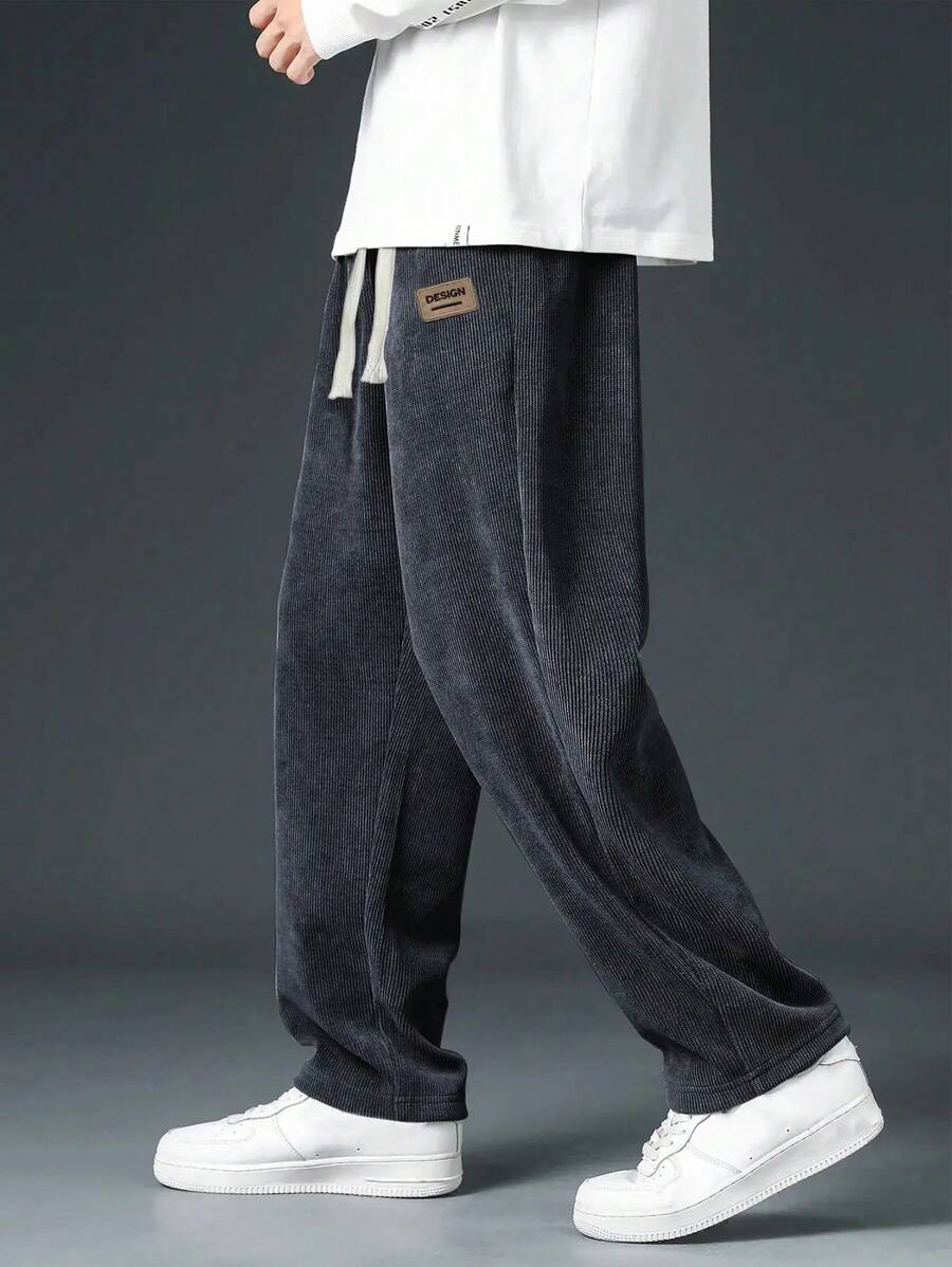 男士灯芯绒直筒裤，宽松休闲裤，纯色，百搭 - 深灰色 - 查看 1