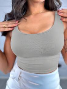 Cropped Tank Top With Thick Supplex Straps - Grey - View 1