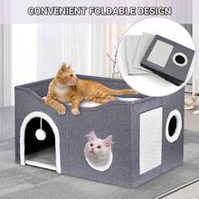 Cat House For Indoor Cats - Large Cat Bed Cave With Fluffy Ball And Scratch Pad, Foldable Cat Houses & Condos, Cat Cubes, Cat Hideaway, Covered Cat Bed For Multi Small Pet Large Kitty - 灰色 - 查看 6