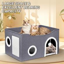 Cat House For Indoor Cats - Large Cat Bed Cave With Fluffy Ball And Scratch Pad, Foldable Cat Houses & Condos, Cat Cubes, Cat Hideaway, Covered Cat Bed For Multi Small Pet Large Kitty - 灰色 - 查看 2