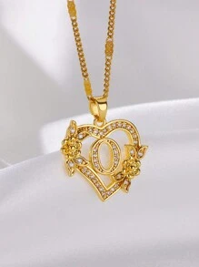 1 Pc Fashion Zirconia Flower Initial Heart Pendant Necklaces For Women Gold Color Stainless Steel Letter Chain Wedding Jewelry Gifts Valentines,Mom,Mother,Mother's Day,Gift