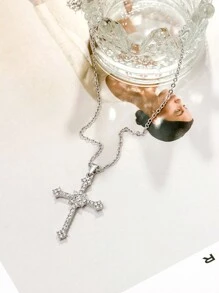 1pc Micro-Inlaid Diamond Cross Necklace, Women's Casual Accessory - Silver - View 3