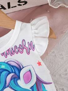 2pcs Baby Girls' Lovely Unicorn Printed Cap Sleeve T-Shirt And Long Pants Summer Outfits