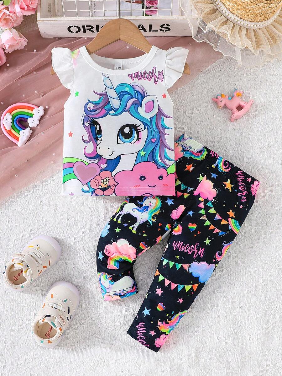 2pcs Baby Girls' Lovely Unicorn Printed Cap Sleeve T-Shirt And Long Pants Summer Outfits
