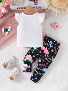 2pcs Baby Girls' Lovely Unicorn Printed Cap Sleeve T-Shirt And Long Pants Summer Outfits
