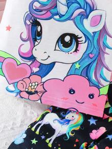 2pcs Baby Girls' Lovely Unicorn Printed Cap Sleeve T-Shirt And Long Pants Summer Outfits