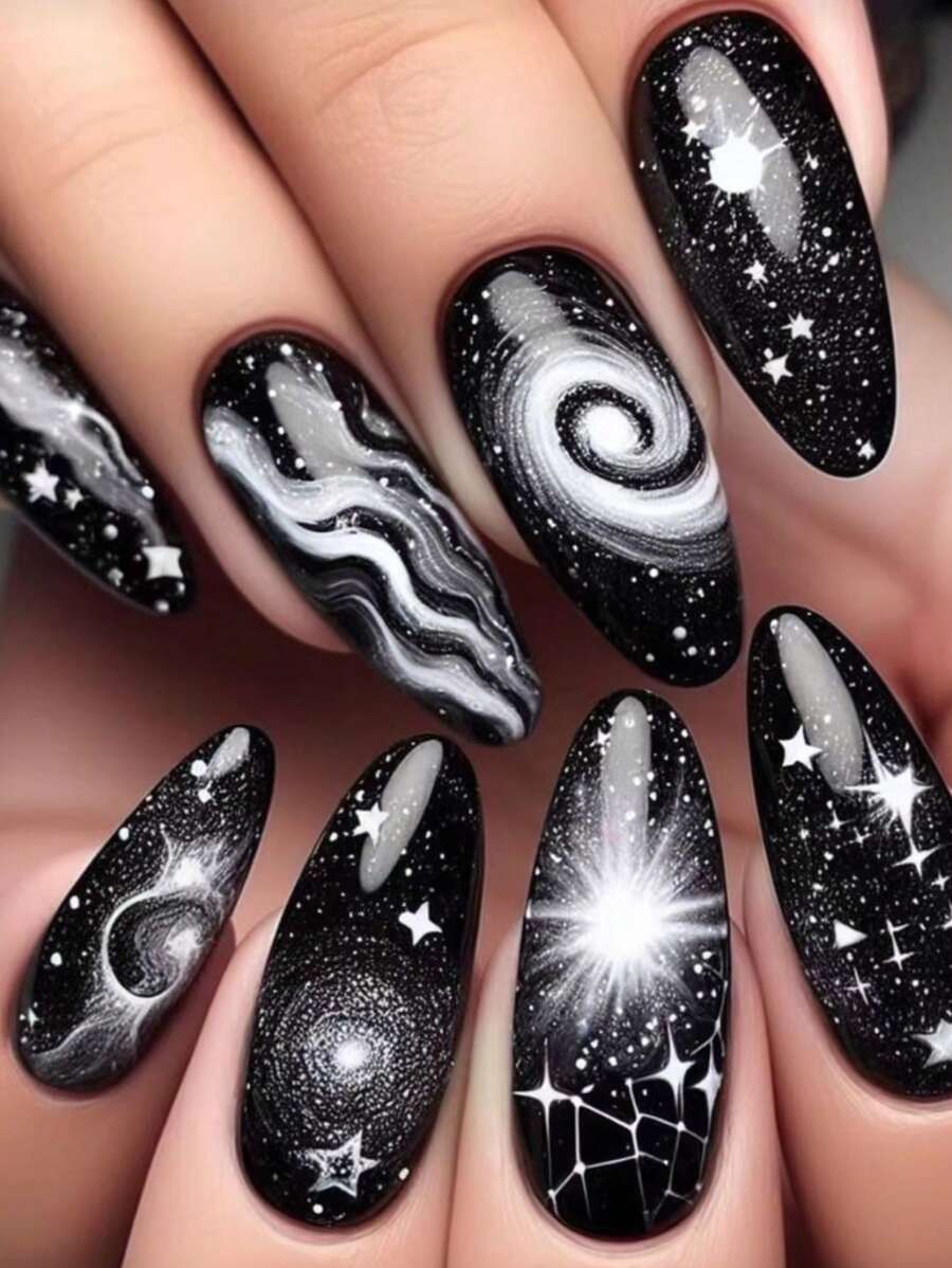 24 件装黑白渐变星空光泽假指甲，中长款海星椭圆形美甲装饰按压指甲 - 黑與白 - 查看 1