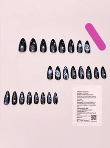 24 件装黑白渐变星空光泽假指甲，中长款海星椭圆形美甲装饰按压指甲 - 黑與白 - 查看 2