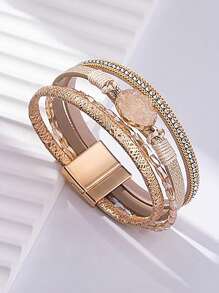 1pc Bohemian Style Rhinestone Weave Multi-Layer Braided Magnetic Closure Leather Bracelet, Suitable For Daily Wear By Women - Bracelet - View 2