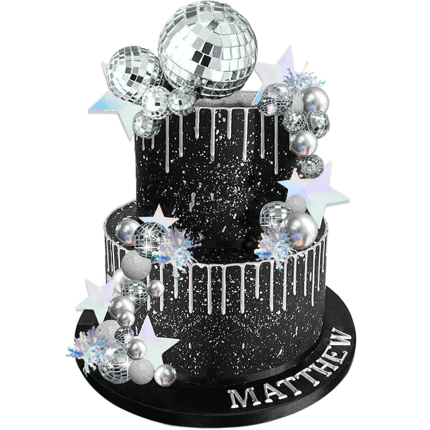 Decoración de pastel con bola de discoteca, bolas de espejo y estrellas plateadas, topper de pastel para fiesta de baile disco de los años 70 y 80, suministros para la noche del sábado - Plateado - Ver 1