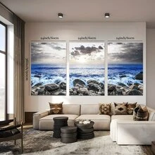 3pcs Natural Scenery Wall Painting Ocean Coast Scenery Painting Black And White Blueprint Canvas Painting Home Wall Decoration For Living Room Bedroom Bathroom - màu sắc - Xem 10