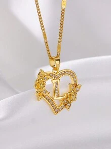 1 Pc Fashion Zirconia Flower Initial Heart Pendant Necklaces For Women Gold Color Stainless Steel Letter Chain Wedding Jewelry Gifts Valentines,Mom,Mother,Mother's Day,Gift
