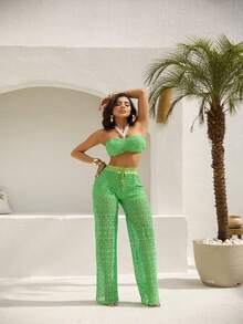 Ingrid Set, Made With Guipir Assuncena, Pants With Impeccable Fit, Cropped Top With Structured Cups And Beautiful Details On The Ties - 綠色 - 查看 4