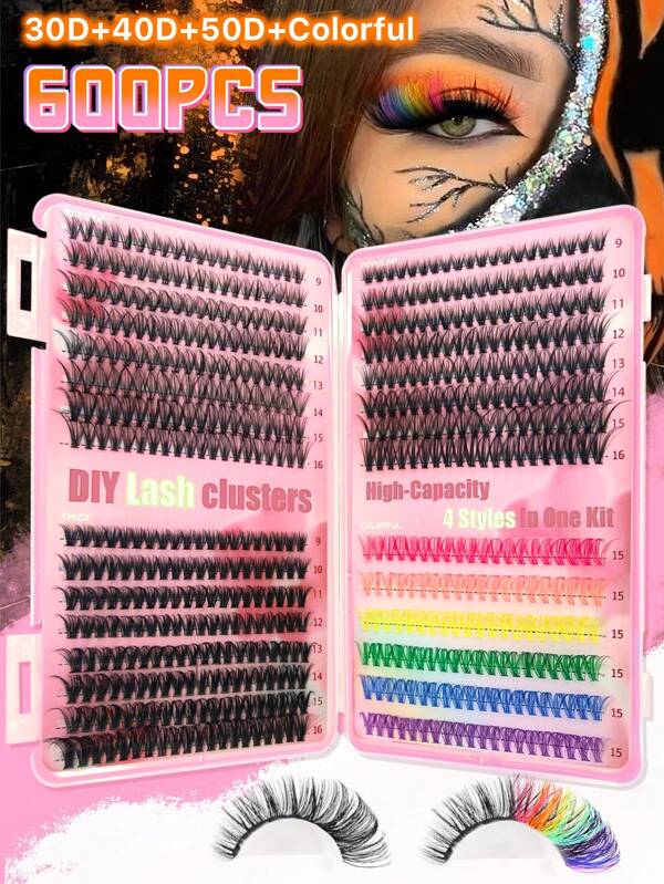 600 piezas Racimos de pestañas individuales coloridos, gran capacidad 30D+40D+50D+Curl de color D 9-16mm, kit de extensión de pestañas postizas individuales segmentadas temático de Halloween, volumen dramático y 7 colores mezclados, aspecto natural y extra grueso, wispy y ultra suave, súper ligero y reutilizable para uso personal en el hogar, Halloween, cosplay y vida diaria