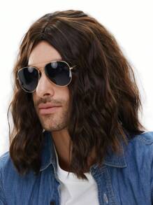 长款波浪假发，男士派对卷发假发，嬉皮摇滚风格，70、80年代复古派对装扮，动漫风格，耐热合成假发，带假发帽 - 棕色 - 查看 5