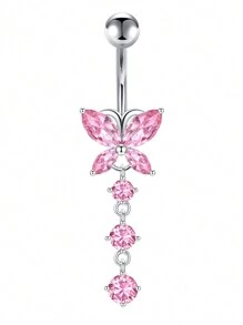 CIZME 1PC Belly Button Ring Dangle Navel Belly Piercing Jewelry Cute Pink CZ Heart Bow Flower Navel Belly Rings For Women 14G Silver Stainless Steel Dainty Dangly Dangling Belly Button Piercing - Pink - View 8