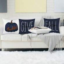4pcs/1pc Thanksgiving Decorative Pillow Case, Harvest Season Pumpkin & Letter Print Blue Cushion Cover, Thanksgiving Decor Sofa Throw Pillow Sham - Multicolor - View 4