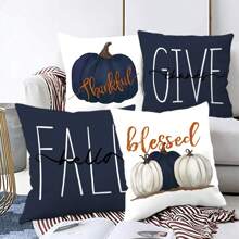 4pcs/1pc Thanksgiving Decorative Pillow Case, Harvest Season Pumpkin & Letter Print Blue Cushion Cover, Thanksgiving Decor Sofa Throw Pillow Sham - Multicolor - View 1