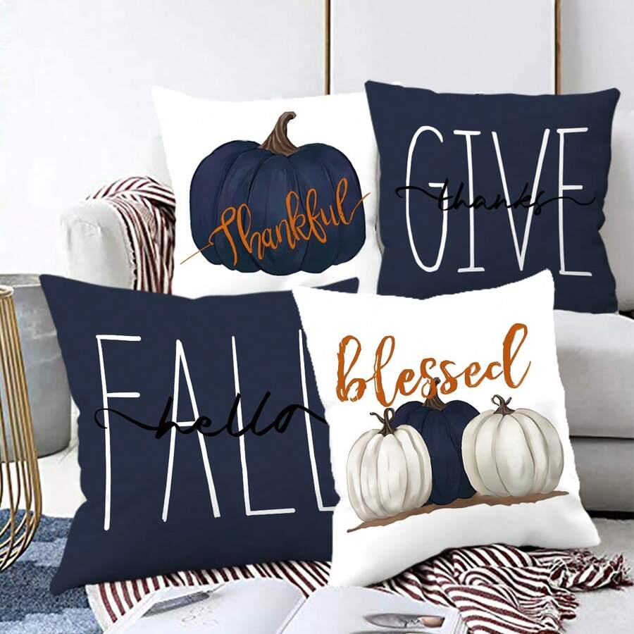 4pcs/1pc Thanksgiving Decorative Pillow Case, Harvest Season Pumpkin & Letter Print Blue Cushion Cover, Thanksgiving Decor Sofa Throw Pillow Sham - Multicolor - View 1