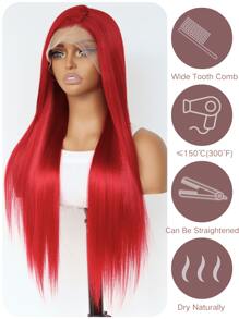 SALLYWELL Lace Front Wigs Straight Hair Glueless Lace Wigs Synthetic Long Silk Straight Natural Wig Heat Resistant Fiber Dark Root Ombre Red Colorful Wig 24 Inches - 紅色 - 查看 3
