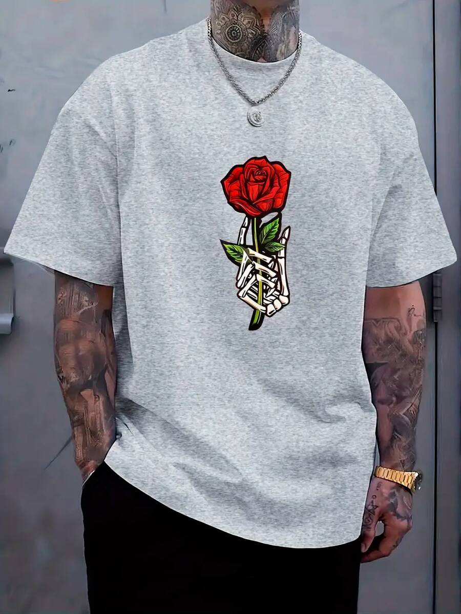 Rose Printed T-Shirts,Men's T-Shirt,Summer Fashion Short Sleeve Casual T-Shirts,Outdoor Sportswear,Casual Clothing - 灰色 - 查看 1