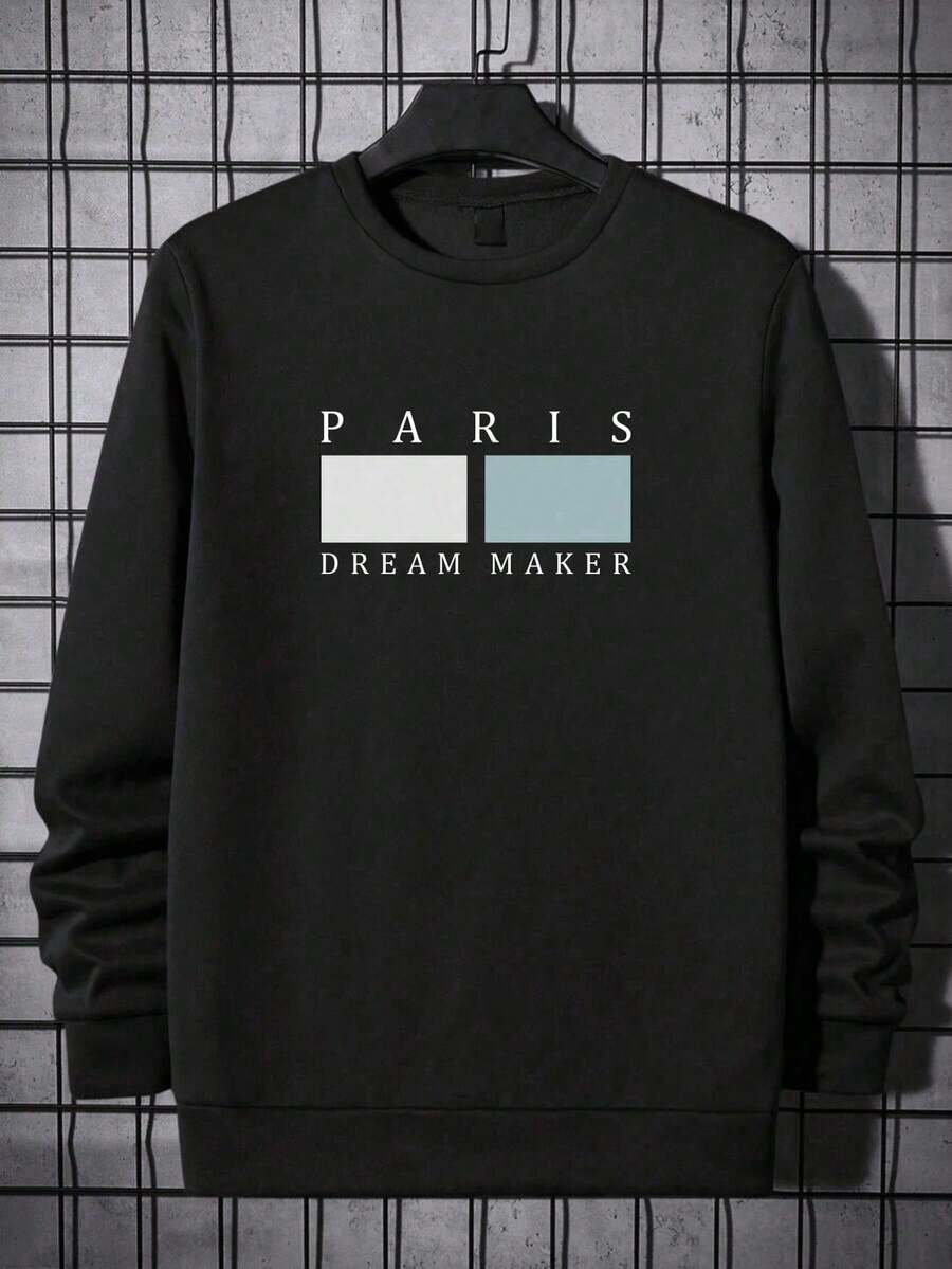 Paris Dream Maker Sweatshirt Round Neck Crew Neck Sweatshirt Cold Weather Sweater Warm Cotton Tracksuit - 黑色 - 查看 1