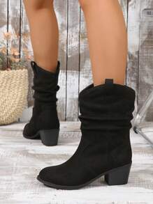 Fall/Winter 2025 Pleated Mid Calf Boots, Western Style Chunky Heel Versatile Casual/Commute Everyday Wear Boots For Women, Suitable For Valentine's Day, Music Festivals, Slip-On,Cowboy Boots - Black - View 2